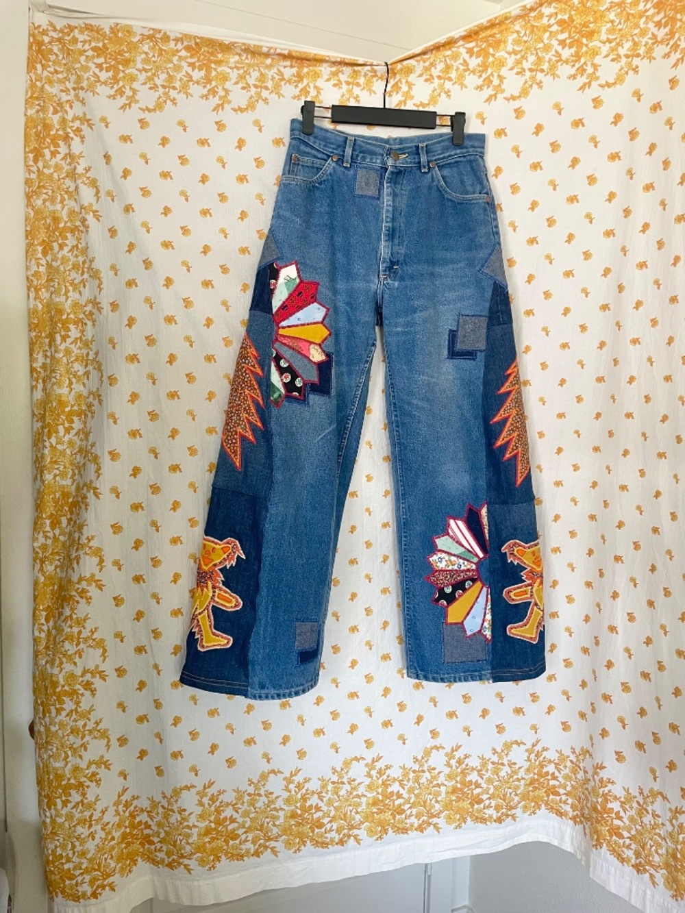 Vintage Lee Upcycled Patchwork Jeans 12P OOAK 70s Hippie Wide Leg - Picture 7 of 12